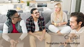  Presentation with together - PPT theme having friends-sitting-together-on-sofa background and a coral colored foreground