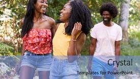  Presentation with hike forest - Slide set having friends smiling during a forest background and a light blue colored foreground