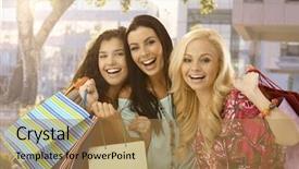  Presentation with friends - Presentation design with friends smiling happy with shopping background and a coral colored foreground