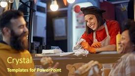  Presentation with fast food - Theme having friends-socializing-with-employee background and a tawny brown colored foreground