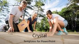  Presentation with solving - Amazing PPT theme having friends solving wooden planks puzzle backdrop and a coral colored foreground