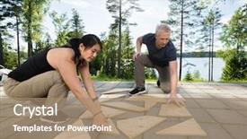  Presentation with solving - Slides with friends solving wooden planks puzzle background and a coral colored foreground