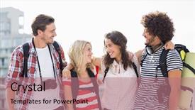  Presentation with friends - Audience pleasing slides consisting of friends standing with arm around interacting on terrace backdrop and a coral colored foreground