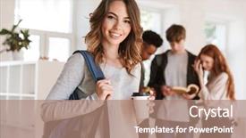  Presentation with happy image - Slide deck enhanced with friends students standing in classroom background and a coral colored foreground