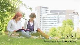  Presentation with black male female fashion - Colorful slide deck enhanced with friends studying at college campus backdrop and a yellow colored foreground