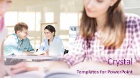  Presentation with university library - Cool new presentation design with friends studying together at library backdrop and a  colored foreground