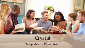  Presentation with club - Audience pleasing slide set consisting of friends taking part in book backdrop and a coral colored foreground