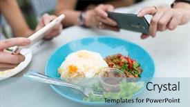 Presentation with thai food dishes - Presentation design featuring friends taking photo on thai food dishes before eating background and a light blue colored foreground