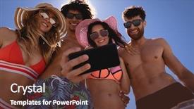  Presentation with multi ethnic group - Cool new PPT theme with friends taking selfie with mobile backdrop and a tawny brown colored foreground