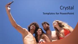  Presentation with multi ethnic group - Presentation theme consisting of friends taking selfie with mobile background and a light blue colored foreground