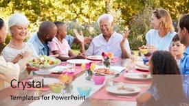  Presentation with free family - Audience pleasing slide deck consisting of friends talking over lunch backdrop and a coral colored foreground