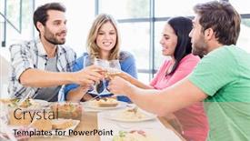  Presentation with dining table - PPT layouts enhanced with friends toasting wine glasses while having a meal at dining table background and a coral colored foreground