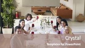  Presentation with dinner party - Colorful PPT theme enhanced with friends toasting wineglasses at dinner backdrop and a coral colored foreground