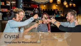  Presentation with restaurant toasting - Presentation design with friends toasting wineglasses at restaurant background and a coral colored foreground