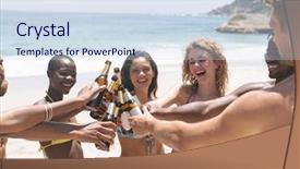  Presentation with multi ethnic group - Presentation consisting of friends toasting with beer bottle background and a sky blue colored foreground