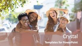  Presentation with giving - Amazing PPT theme having friends together - happy young men giving piggyback backdrop and a coral colored foreground