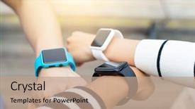 Presentation with smart - PPT theme consisting of friends using smart watch together background and a coral colored foreground