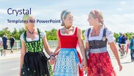  Presentation with fair - Beautiful presentation featuring friends visiting together bavarian fair in national costume or dirndl backdrop and a sky blue colored foreground