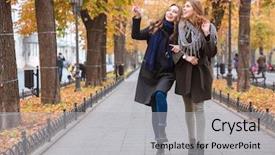  Presentation with full length portrait two men women brown sweater - PPT theme consisting of friends walking away - full length portrait background and a light gray colored foreground