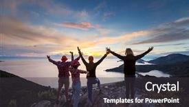  Presentation with mountains - Audience pleasing PPT theme consisting of friends walking away - people in hike backdrop and a dark gray colored foreground