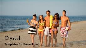  Presentation with multi ethnic group - Amazing PPT layouts having friends walking on a beach backdrop and a coral colored foreground