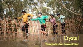  Presentation with rope - Cool new PPT theme with friends walking on rope bridge backdrop and a tawny brown colored foreground