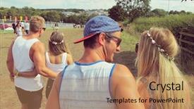  Presentation with music festival - Presentation design with friends walking to music festival background and a  colored foreground