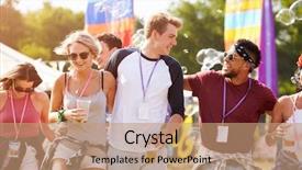  Presentation with festival music - Colorful PPT theme enhanced with friends walking together backdrop and a coral colored foreground