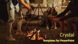  Presentation with campfire - Colorful PPT theme enhanced with friends-warming-themselves-by-campfire backdrop and a wine colored foreground