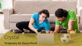  Presentation with football - PPT theme enhanced with friends watching football at home background and a gold colored foreground