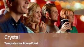  Presentation with movie theater - Amazing PPT theme having friends watching movie in theater backdrop and a tawny brown colored foreground