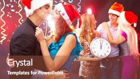  Presentation with strikes - Slide deck consisting of friends wearing santa hats celebrating new year at nightclub party as clock strikes midnight loving couple kissing each other tenderly in foreground background and a tawny brown colored foreground