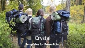  Presentation with backpacks - PPT theme enhanced with friends with backpacks and rolled mats in forest background and a dark gray colored foreground