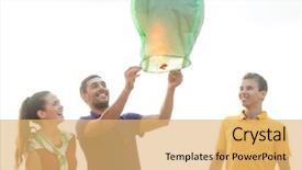  Presentation with summer celebration - Slide set with happy friends with chinese sky background and a yellow colored foreground