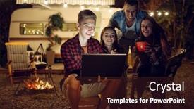  Presentation with campfire - PPT theme with friends-with-laptop-by-campfire background and a tawny brown colored foreground
