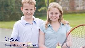  Presentation with sports table tennis two ping - Audience pleasing PPT theme consisting of friends with rackets on tennis backdrop and a sky blue colored foreground