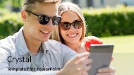  Presentation with literacy and math technology - Audience pleasing PPT layouts consisting of friends with tablet pc computers backdrop and a  colored foreground