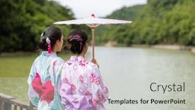  Presentation with japanese - PPT layouts consisting of friends-woman-wear-japanese-yukata background and a light gray colored foreground