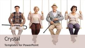  Presentation with seniors - Cool new theme with friendship - cheerful seniors sitting on wooden backdrop and a soft green colored foreground