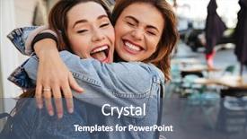  Presentation with city street - Theme having friendship - close-up photo of laughing woman background and a ocean colored foreground