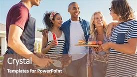  Presentation with dinner party - Presentation design having friendship - young multiethnic friends having fun background and a coral colored foreground