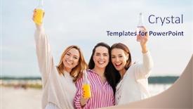  Presentation with alcoholic - Slides having friendship and leisure concept - group of happy young women or female friends toasting non alcoholic drinks on summer beach background and a sky blue colored foreground