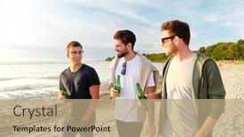  Presentation with alcoholic - Colorful PPT theme enhanced with friendship and leisure concept - group of happy young men or male friends toasting non alcoholic beer walking along summer beach backdrop and a coral colored foreground