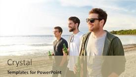 Presentation with toasting - PPT theme having friendship and leisure concept - group of happy young men or male friends toasting non alcoholic beer walking along summer beach background and a soft green colored foreground