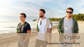  Presentation with alcoholic - Cool new presentation with friendship and leisure concept - group of happy young men or male friends toasting non alcoholic beer walking along summer beach backdrop and a coral colored foreground