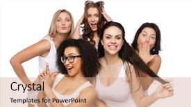  Presentation with women body - Colorful PPT theme enhanced with friendship beauty body positive and people concept - group of happy plus size women in white underwear having fun and making faces backdrop and a coral colored foreground