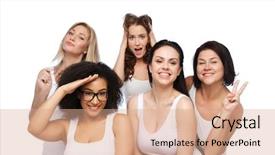 Presentation with women body - Slide deck consisting of friendship beauty body positive and people concept - group of happy plus size women in white underwear having fun and making faces background and a coral colored foreground