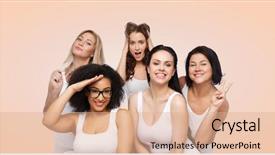  Presentation with women body - Colorful theme enhanced with friendship beauty body positive and people concept - group of happy plus size women in white underwear having fun and making faces over beige background backdrop and a coral colored foreground