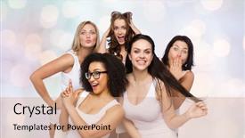  Presentation with women body - Audience pleasing theme consisting of friendship beauty body positive and people concept - group of happy plus size women in white underwear having fun and making faces over holidays lights background backdrop and a coral colored foreground