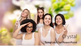  Presentation with women body - PPT theme having friendship beauty body positive and people concept - group of happy plus size women in white underwear having fun and making faces over natural spring background background and a coral colored foreground